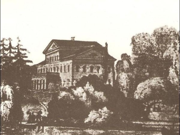 Дворец на фоне парка, литография Казимира Бахматовича, ХІХ в.